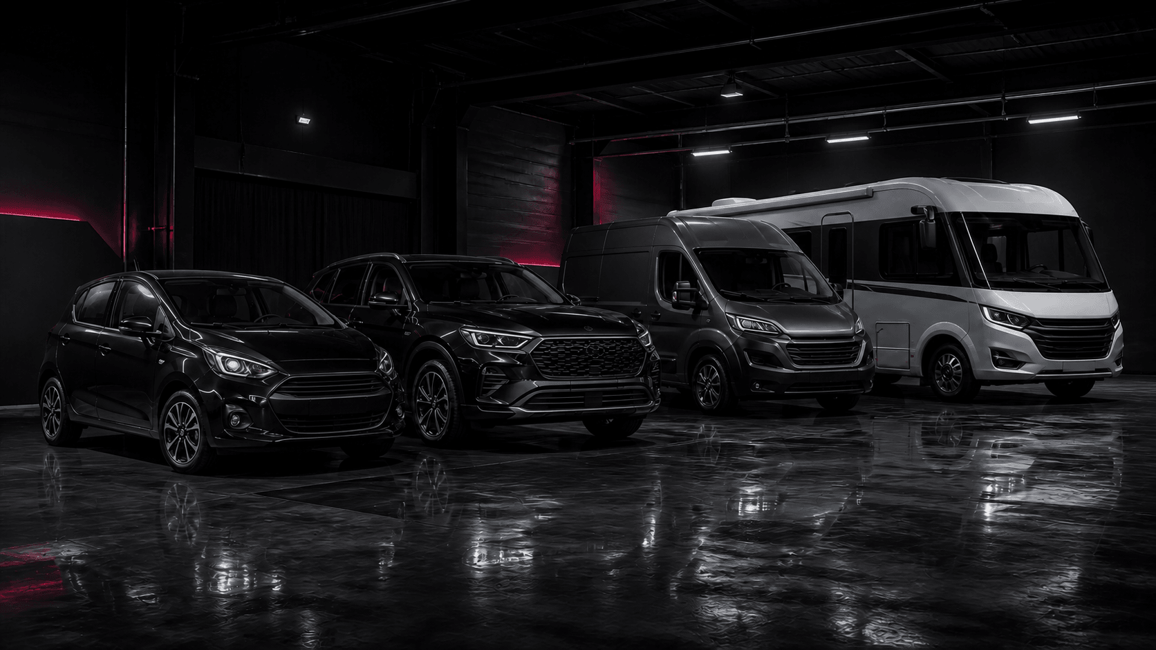Individuelle gepflegte Fahrzeugflotte aus Kleinwagen, SUV, Lieferwagen und Wohnmobil