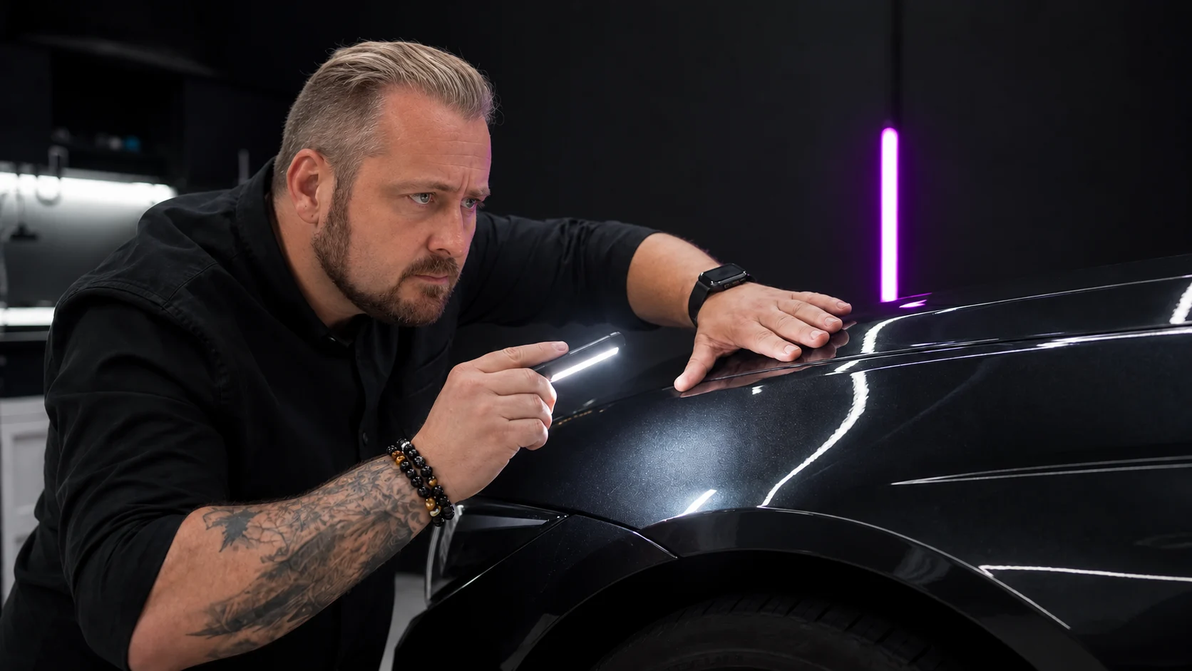Eduard Koch prüft einen dunklen Fahrzeuglack mit einer Inspektionsleuchte