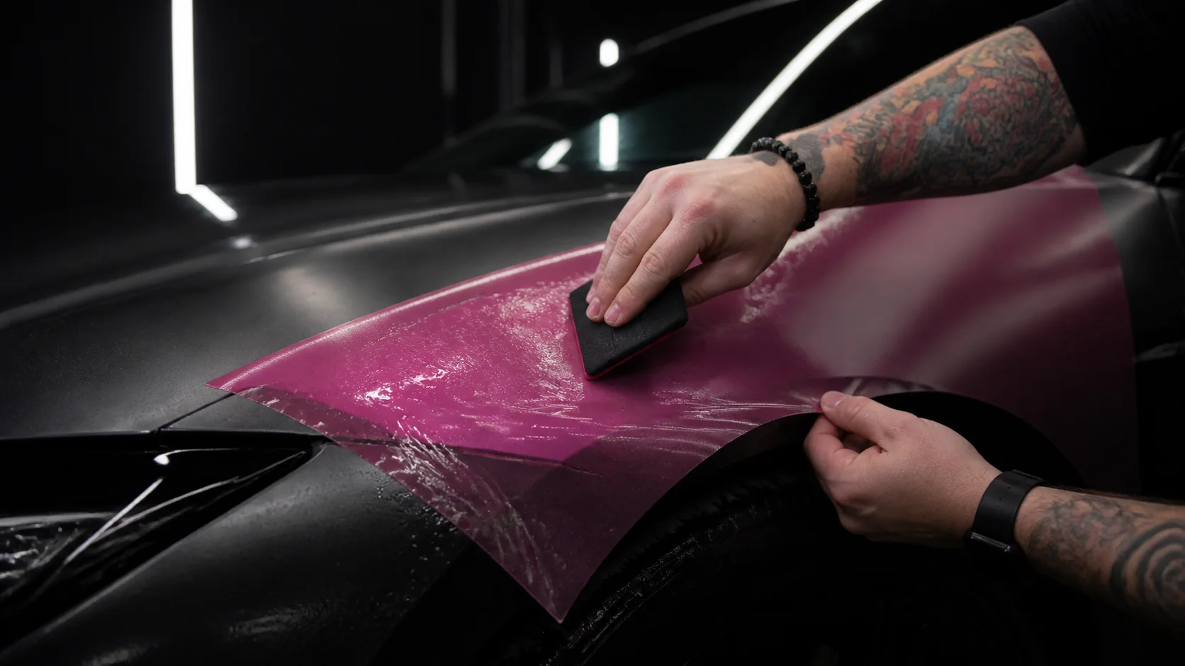 Farbige satin-magenta Lackschutzfolie wird nass auf einem Kotflügel verarbeitet